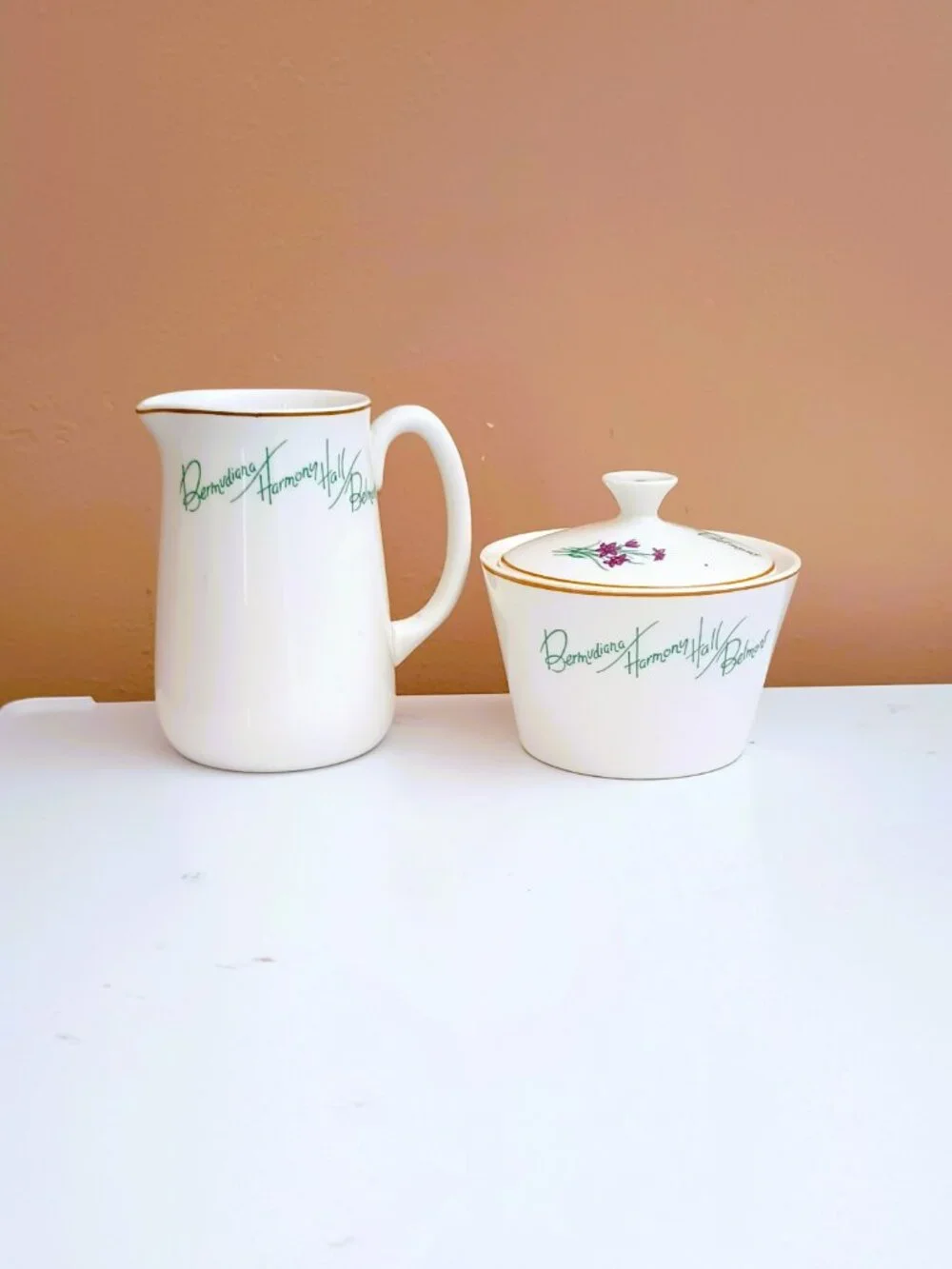 Vtg Creamer & Sugar Bowl Bermudiana Harmony Hall of Belmont Wedgewood England
